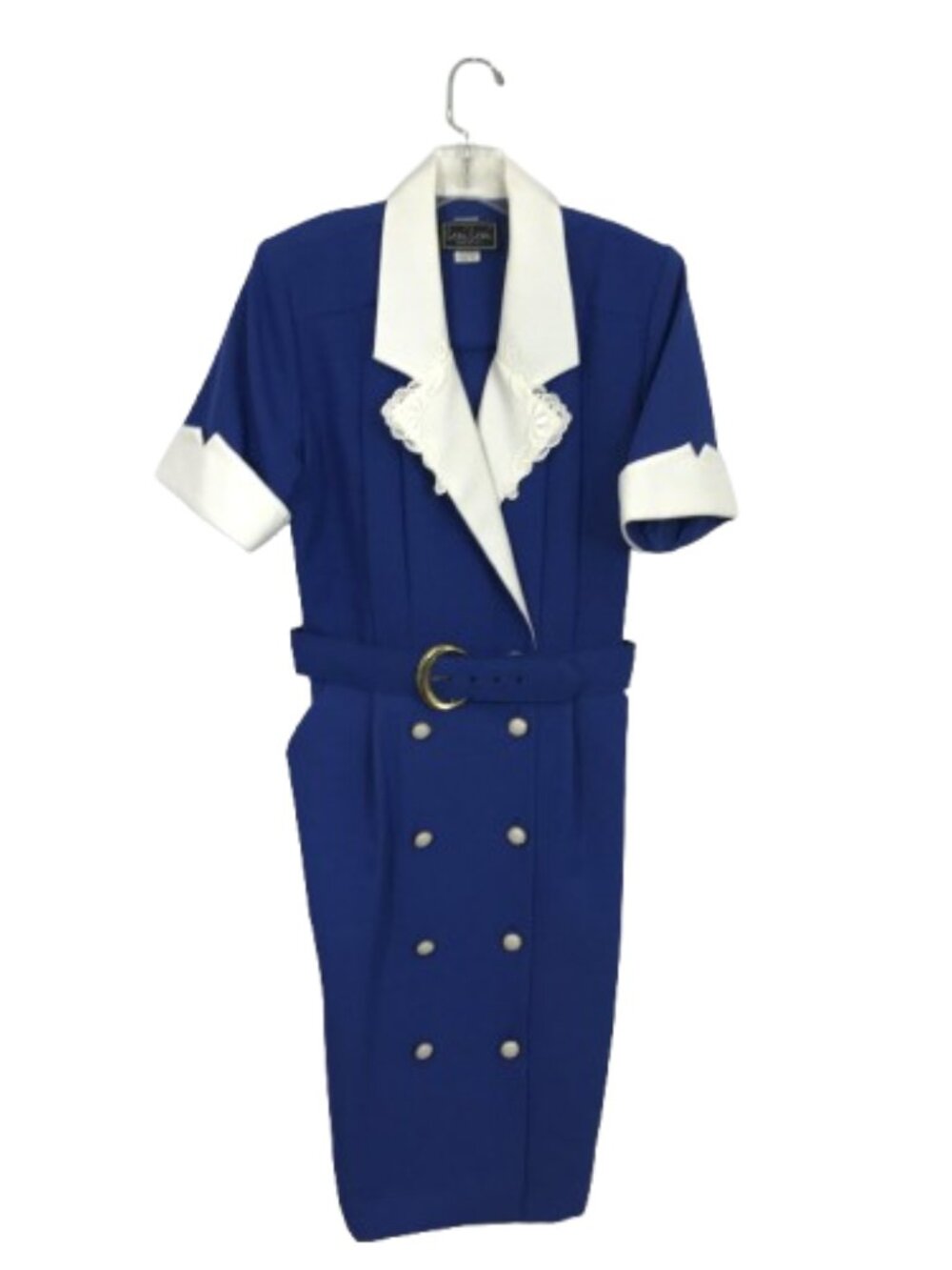 Vintage 80s Dress Pearl Button Front Collared Belted Church Dress Royal Blue 12